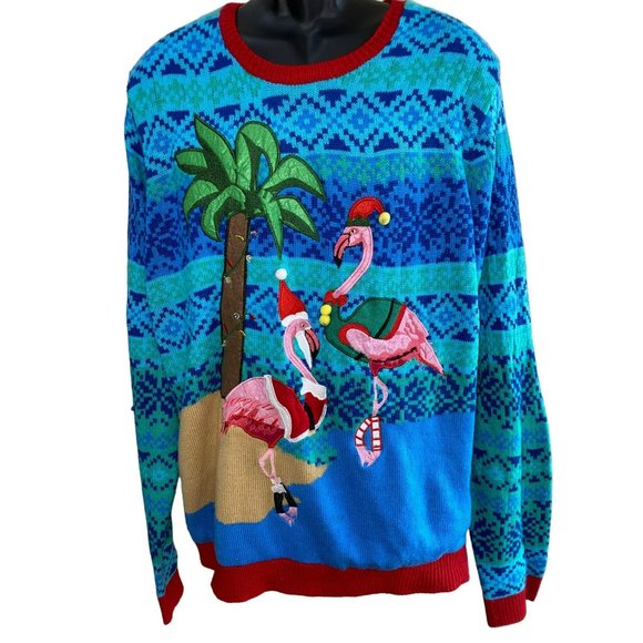 Flamingo Palm Tree Embellished Ugly Christmas Sweater Size XXL - Picture 5 of 8